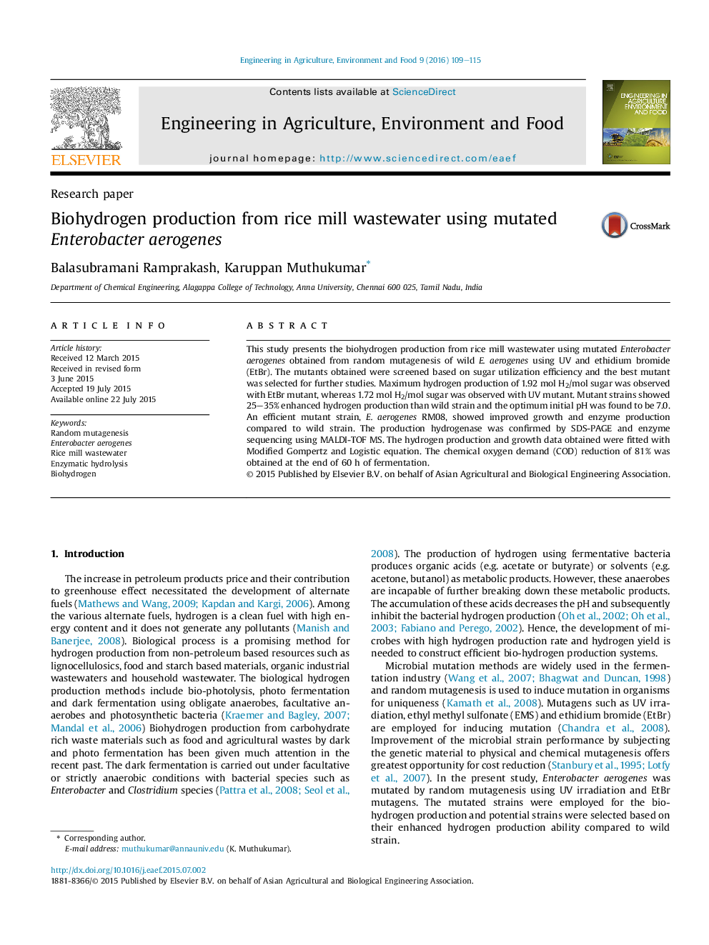 Biohydrogen production from rice mill wastewater using mutated Enterobacter aerogenes