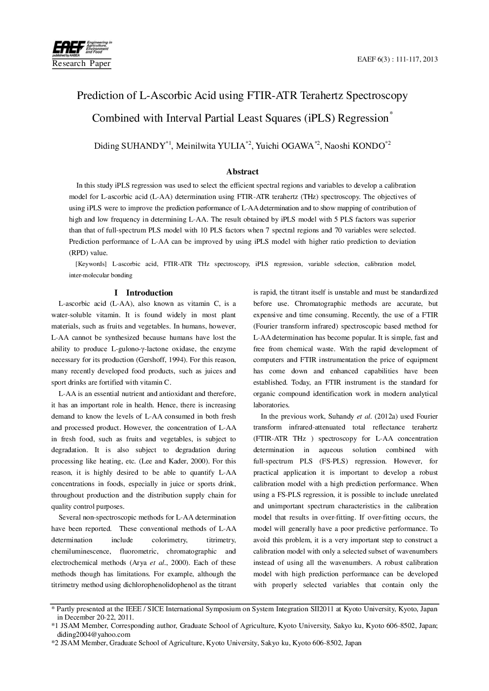 عکس صفحه اول مقاله: Prediction of L-Ascorbic Acid using FTIR-ATR Terahertz Spectroscopy Combined with Interval Partial Least Squares (iPLS) Regression Prediction of L-Ascorbic Acid using FTIR-ATR Terahertz Spectroscopy Combined with Interval Partial Least Squares (iPLS) Regression