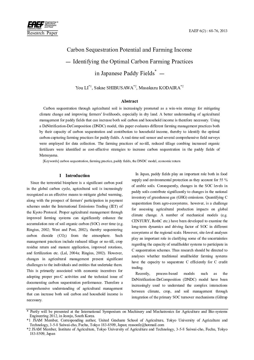 Carbon Sequestration Potential and Farming Income