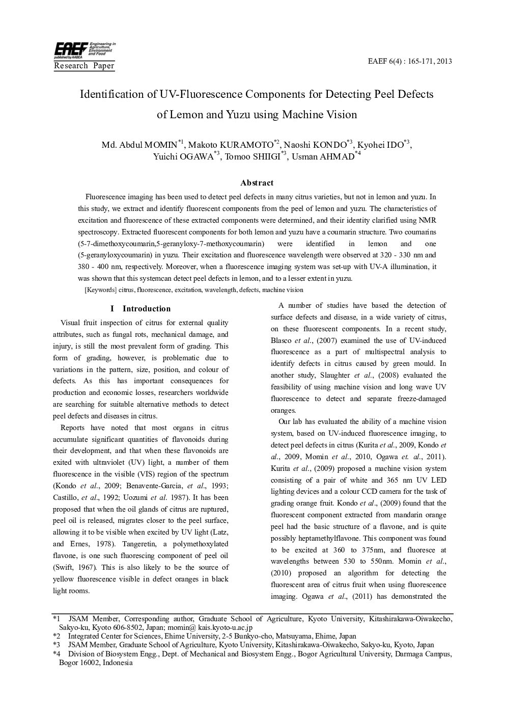 Identification of UV-Fluorescence Components for Detecting Peel Defects of Lemon and Yuzu using Machine Vision