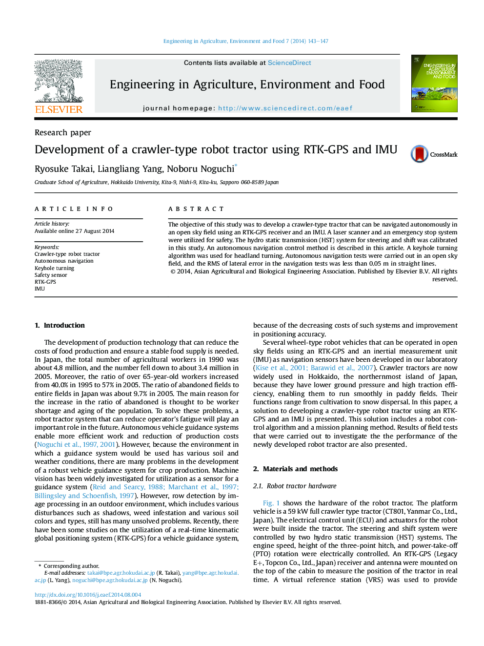 Development of a crawler-type robot tractor using RTK-GPS and IMU