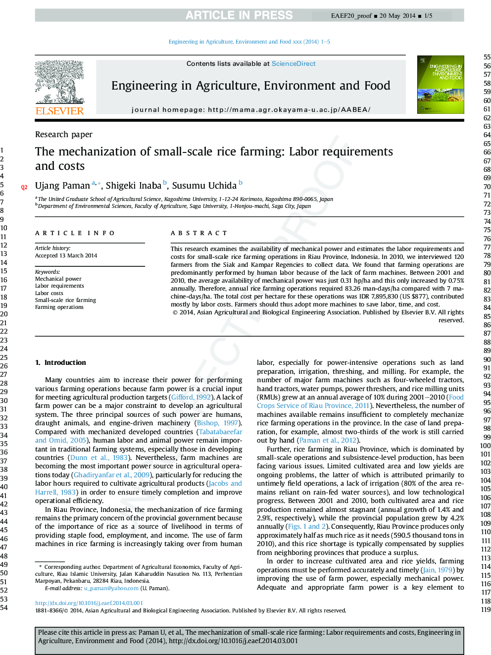 The mechanization of small-scale rice farming: Labor requirements and costs