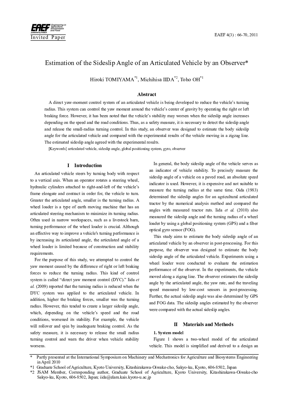 Estimation of the Sideslip Angle of an Articulated Vehicle by an Observer