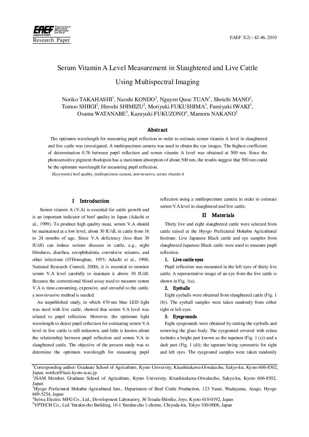 Serum Vitamin A Level Measurement in Slaughtered and Live Cattle Using Multispectral Imaging