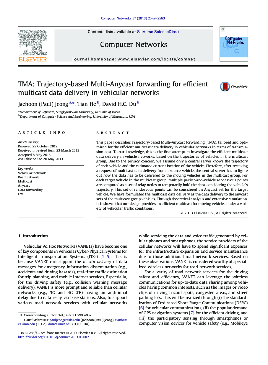 TMA: Trajectory-based Multi-Anycast forwarding for efficient multicast data delivery in vehicular networks