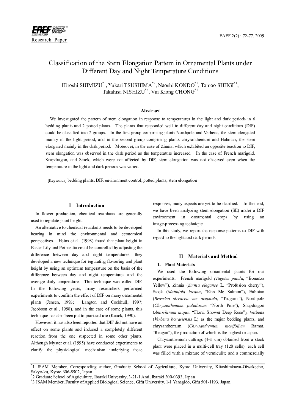 Classification of the Stem Elongation Pattern in Ornamental Plants under Different Day and Night Temperature Conditions