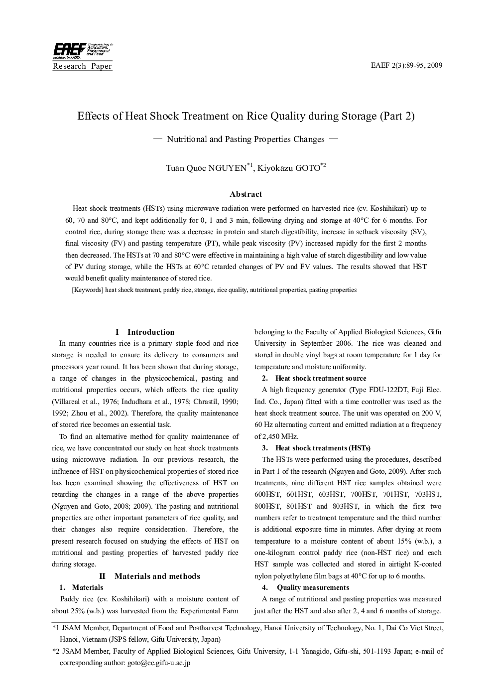 Effects of Heat Shock Treatment on Rice Quality during Storage (Part 2)