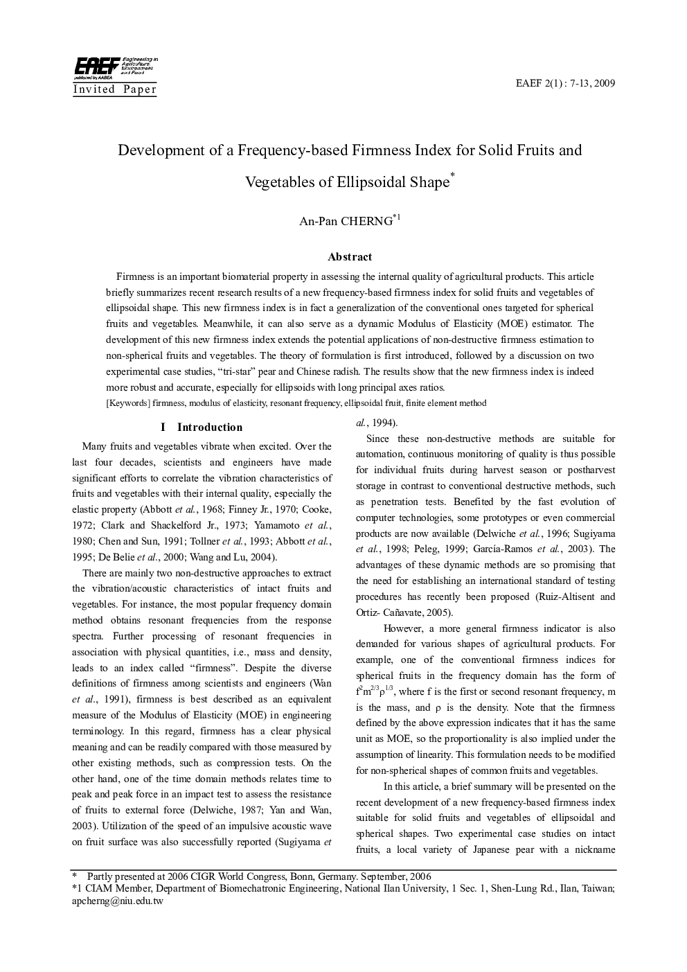 Development of a Frequency-based Firmness Index for Solid Fruits and Vegetables of Ellipsoidal Shape