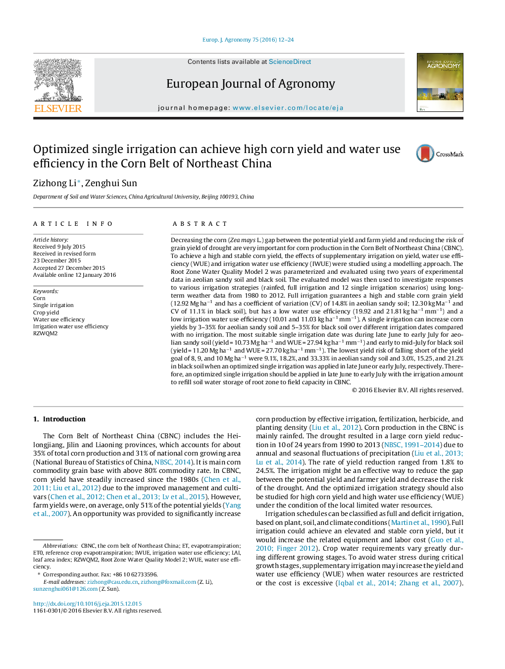 Optimized single irrigation can achieve high corn yield and water use efficiency in the Corn Belt of Northeast China