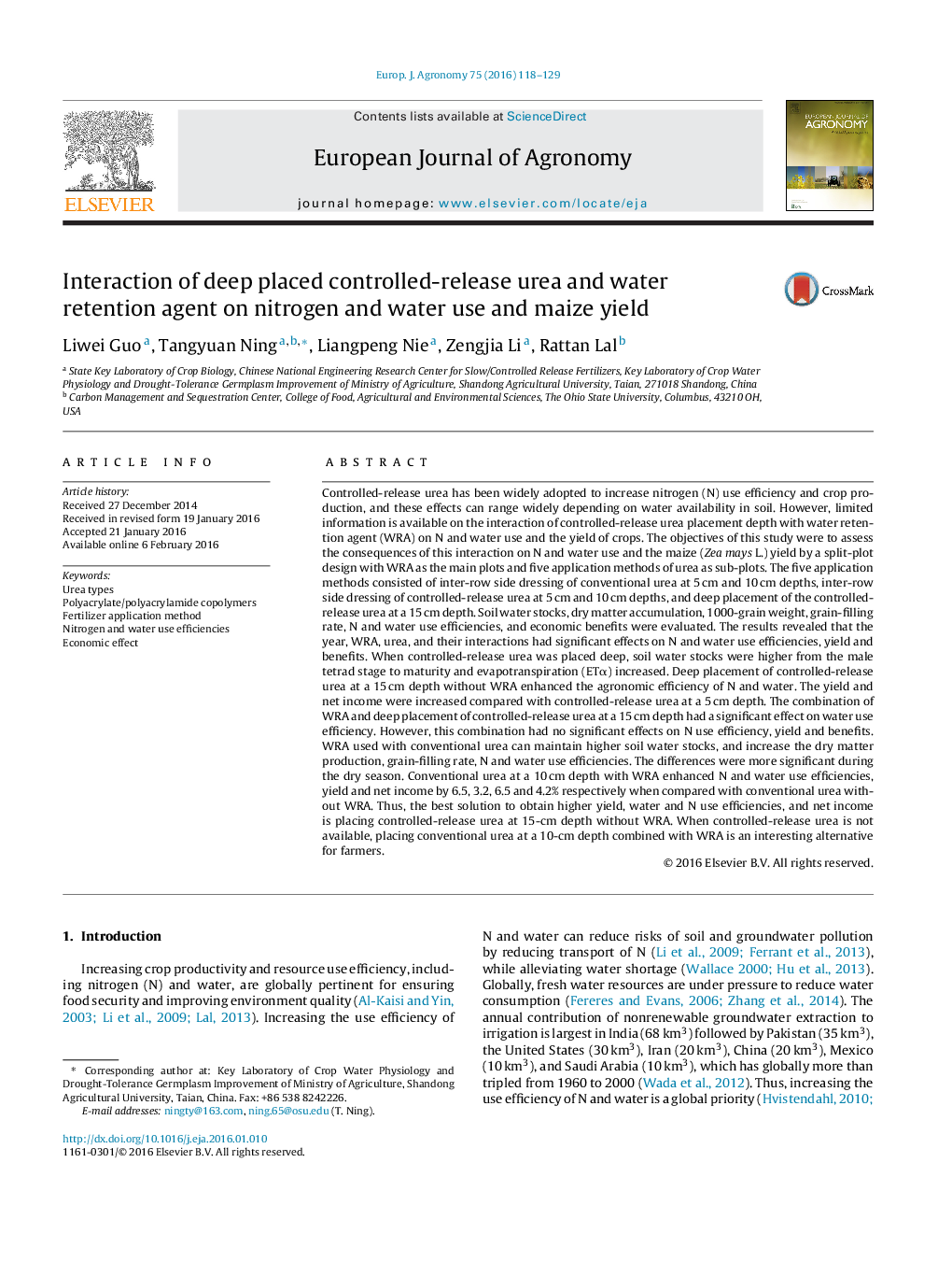 Interaction of deep placed controlled-release urea and water retention agent on nitrogen and water use and maize yield