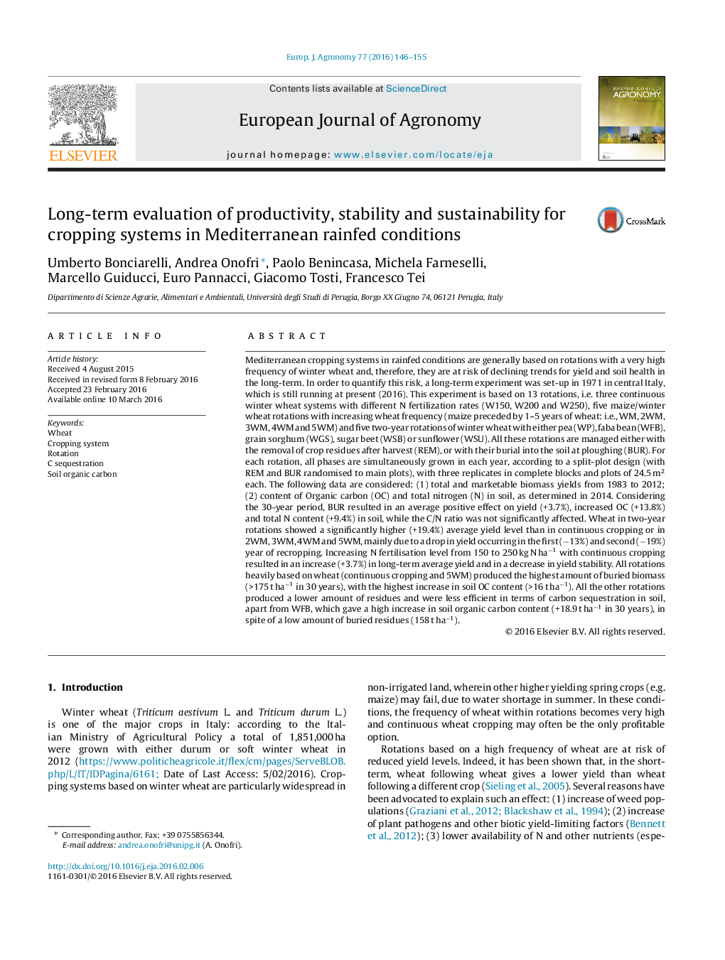 Long-term evaluation of productivity, stability and sustainability for cropping systems in Mediterranean rainfed conditions