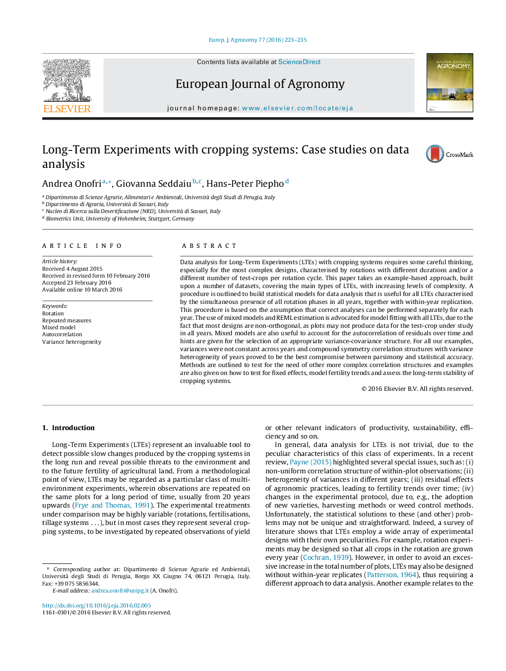 Long-Term Experiments with cropping systems: Case studies on data analysis