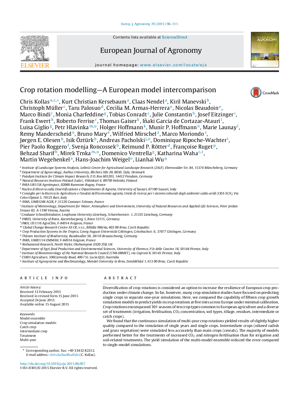 Crop rotation modelling—A European model intercomparison