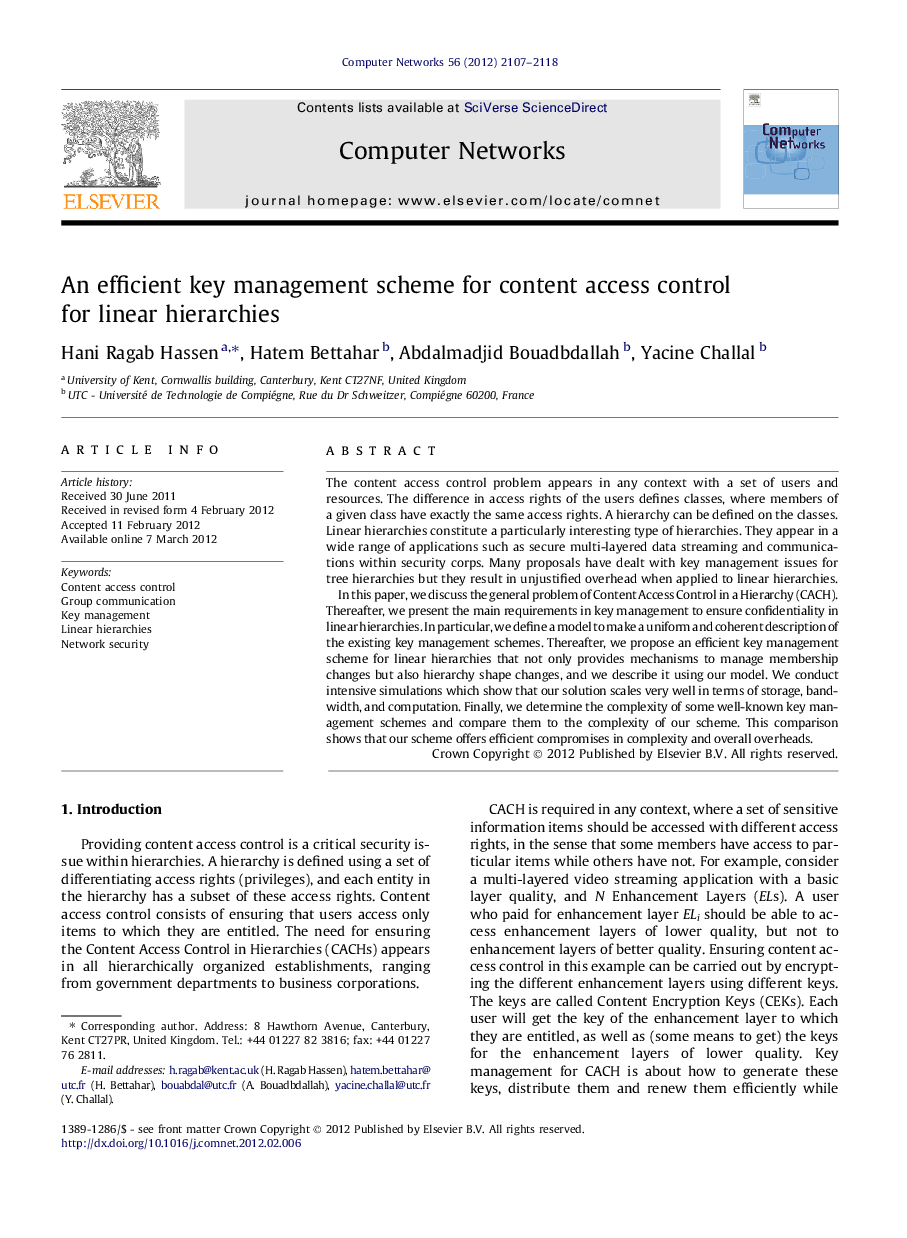 An efficient key management scheme for content access control for linear hierarchies