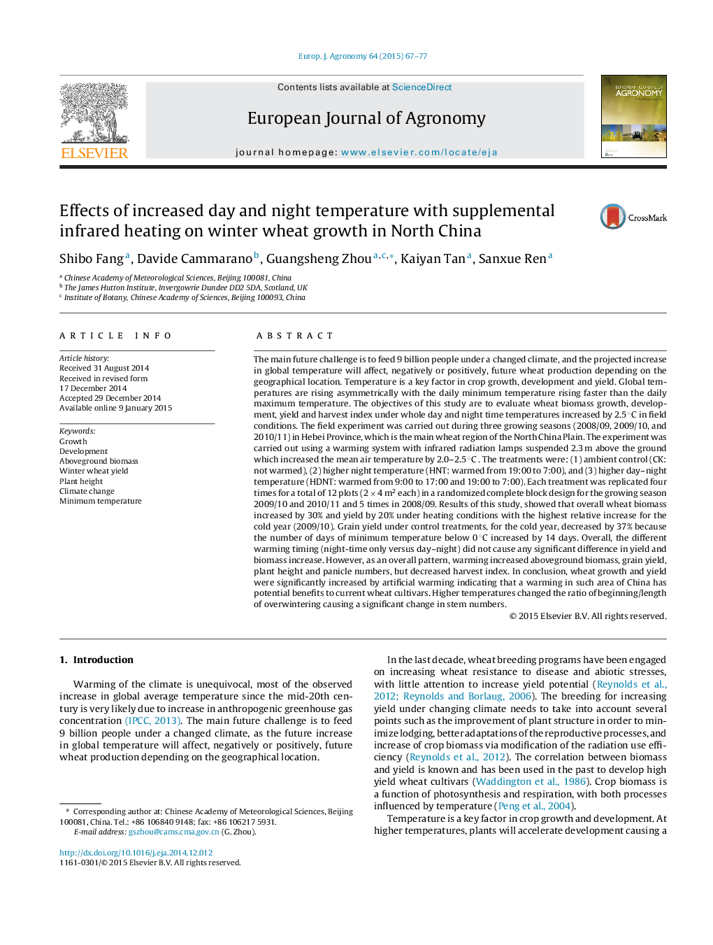 Effects of increased day and night temperature with supplemental infrared heating on winter wheat growth in North China