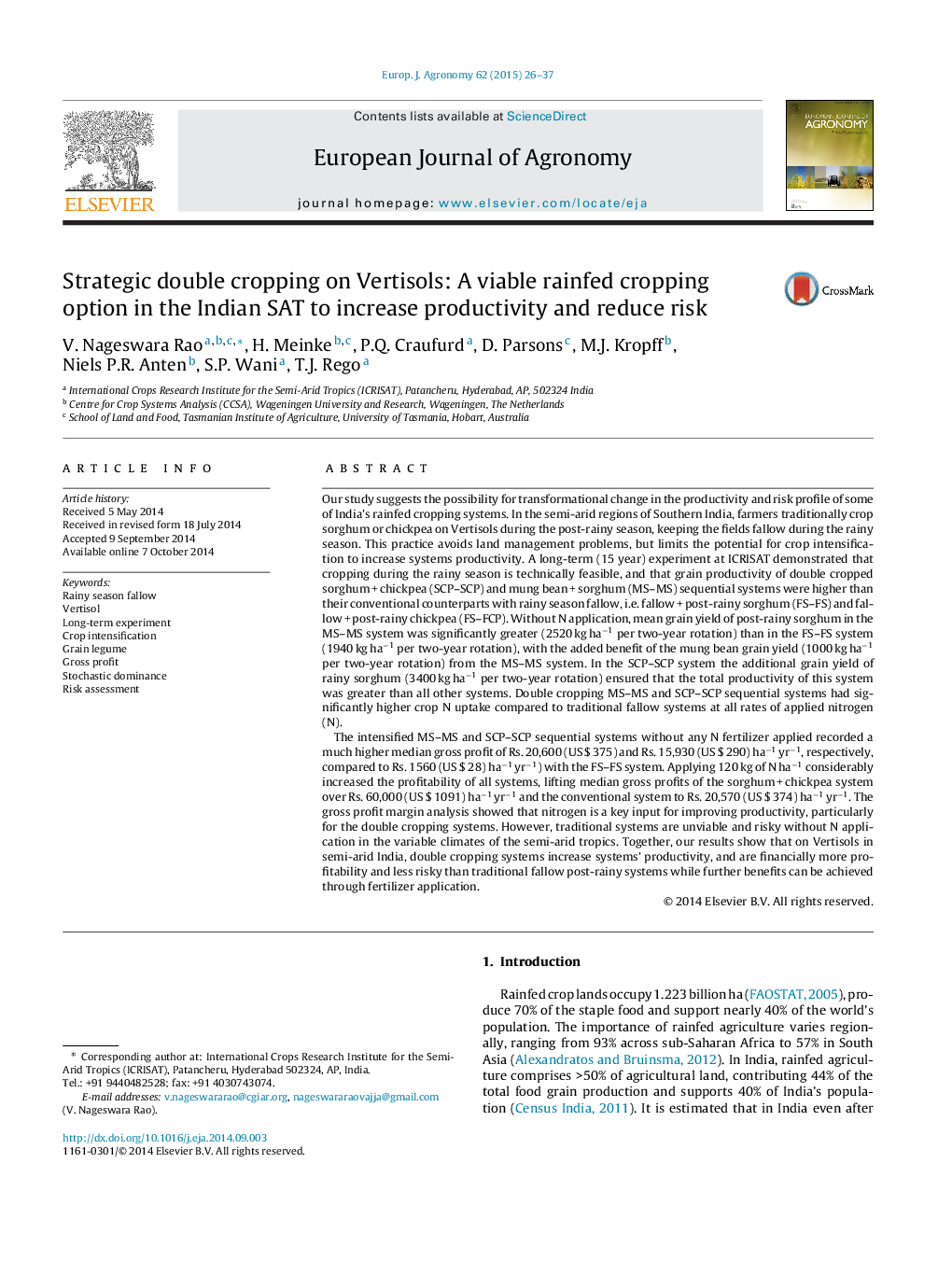 Strategic double cropping on Vertisols: A viable rainfed cropping option in the Indian SAT to increase productivity and reduce risk