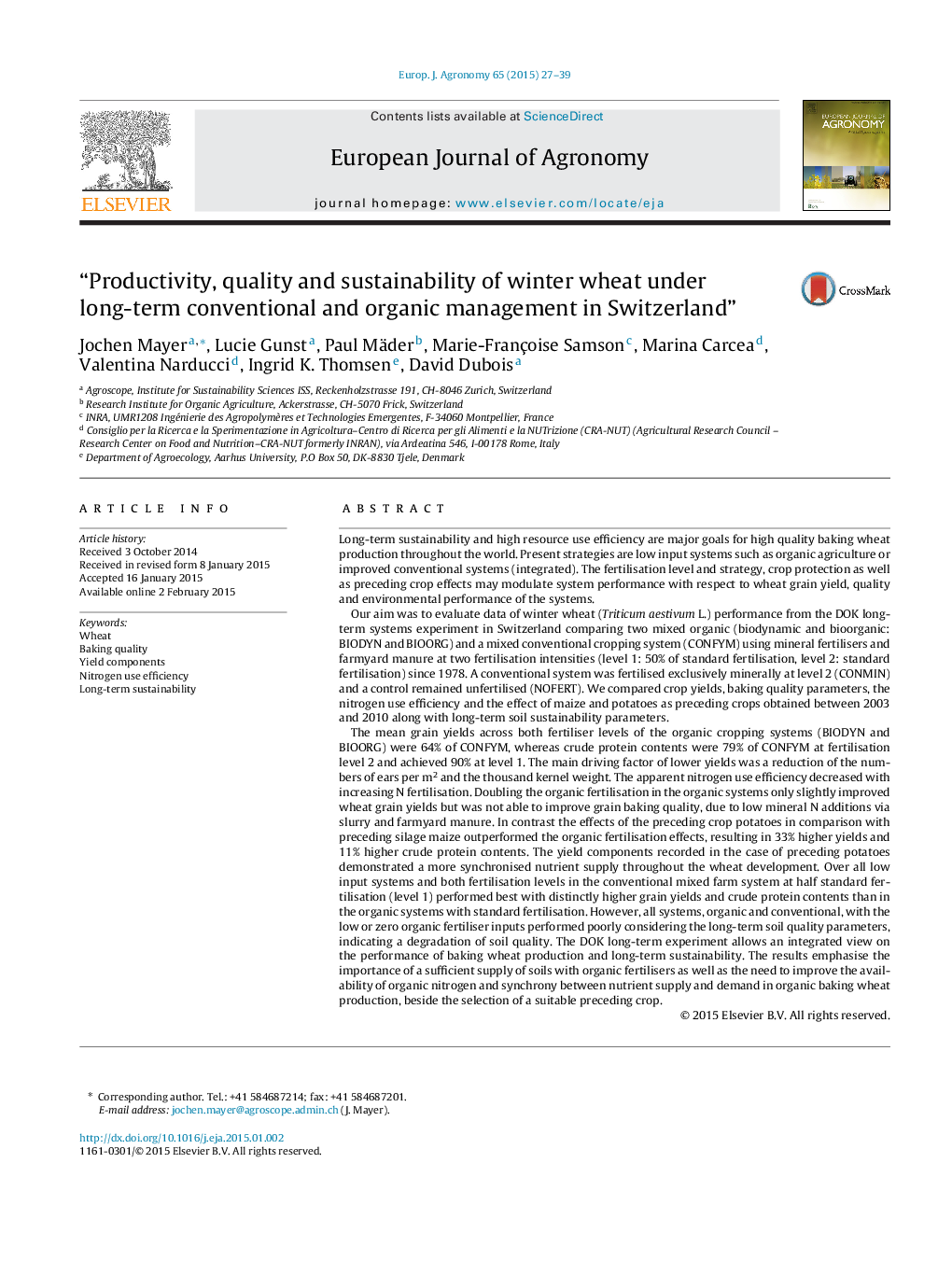 “Productivity, quality and sustainability of winter wheat under long-term conventional and organic management in Switzerland”