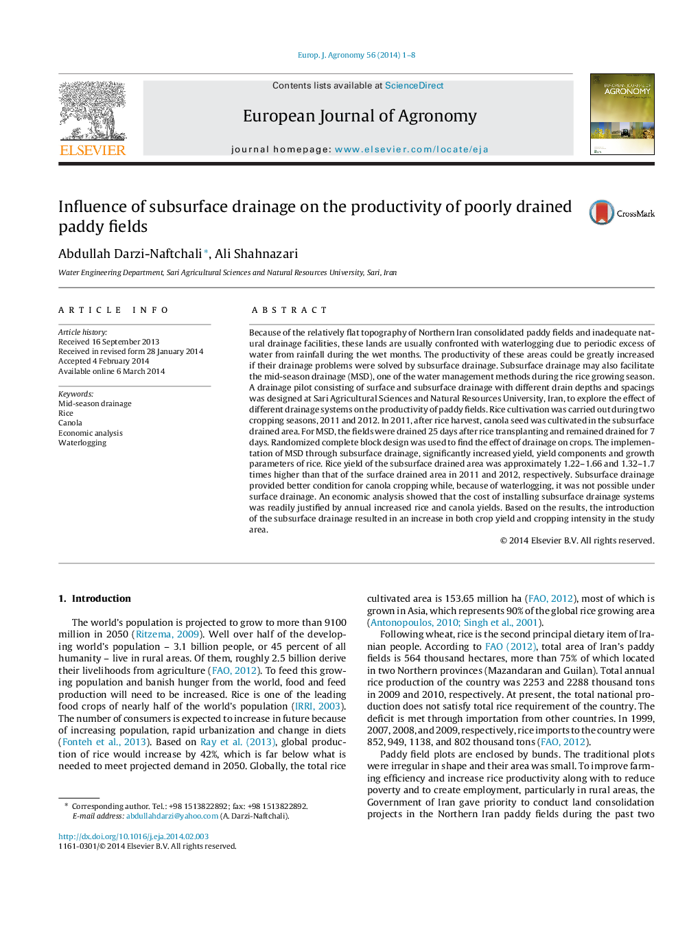 Influence of subsurface drainage on the productivity of poorly drained paddy fields