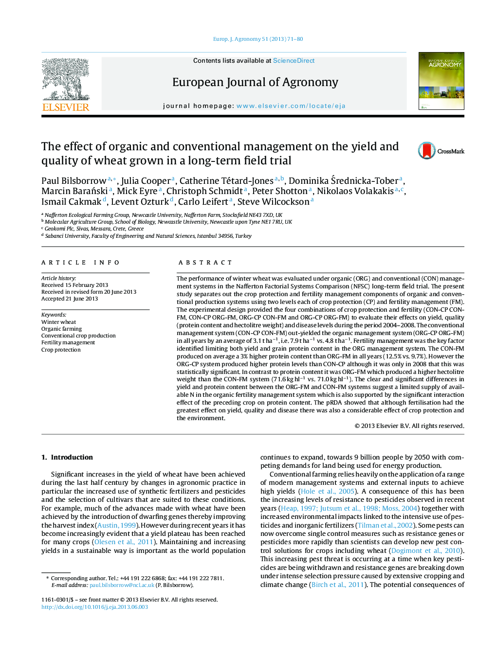 The effect of organic and conventional management on the yield and quality of wheat grown in a long-term field trial