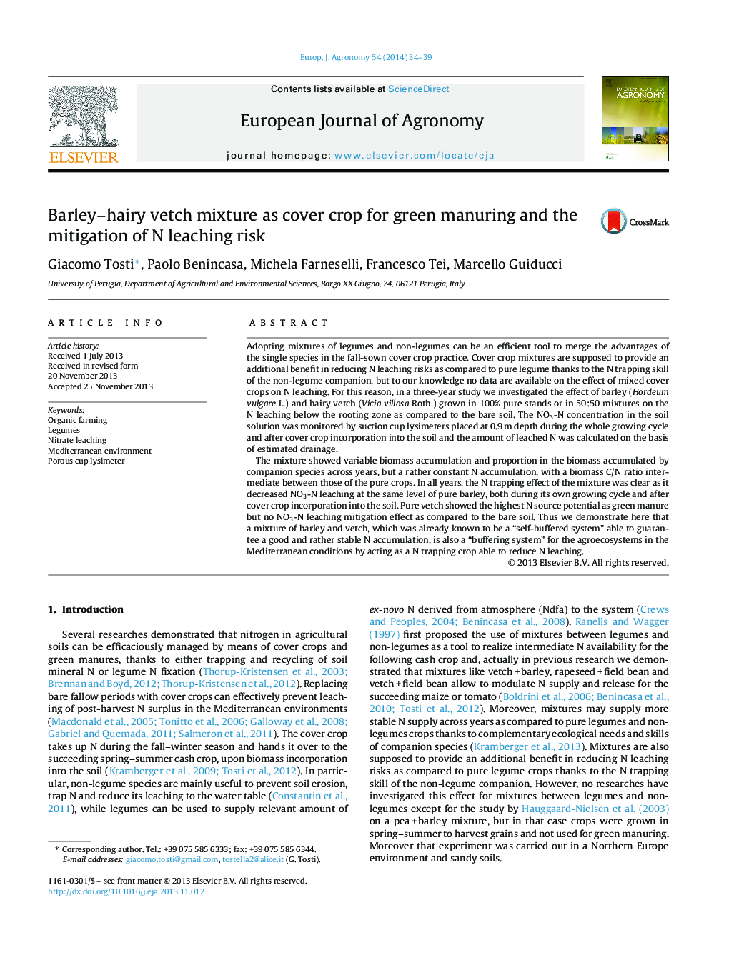 عکس صفحه اول مقاله: Barley–hairy vetch mixture as cover crop for green manuring and the mitigation of N leaching risk Barley–hairy vetch mixture as cover crop for green manuring and the mitigation of N leaching risk