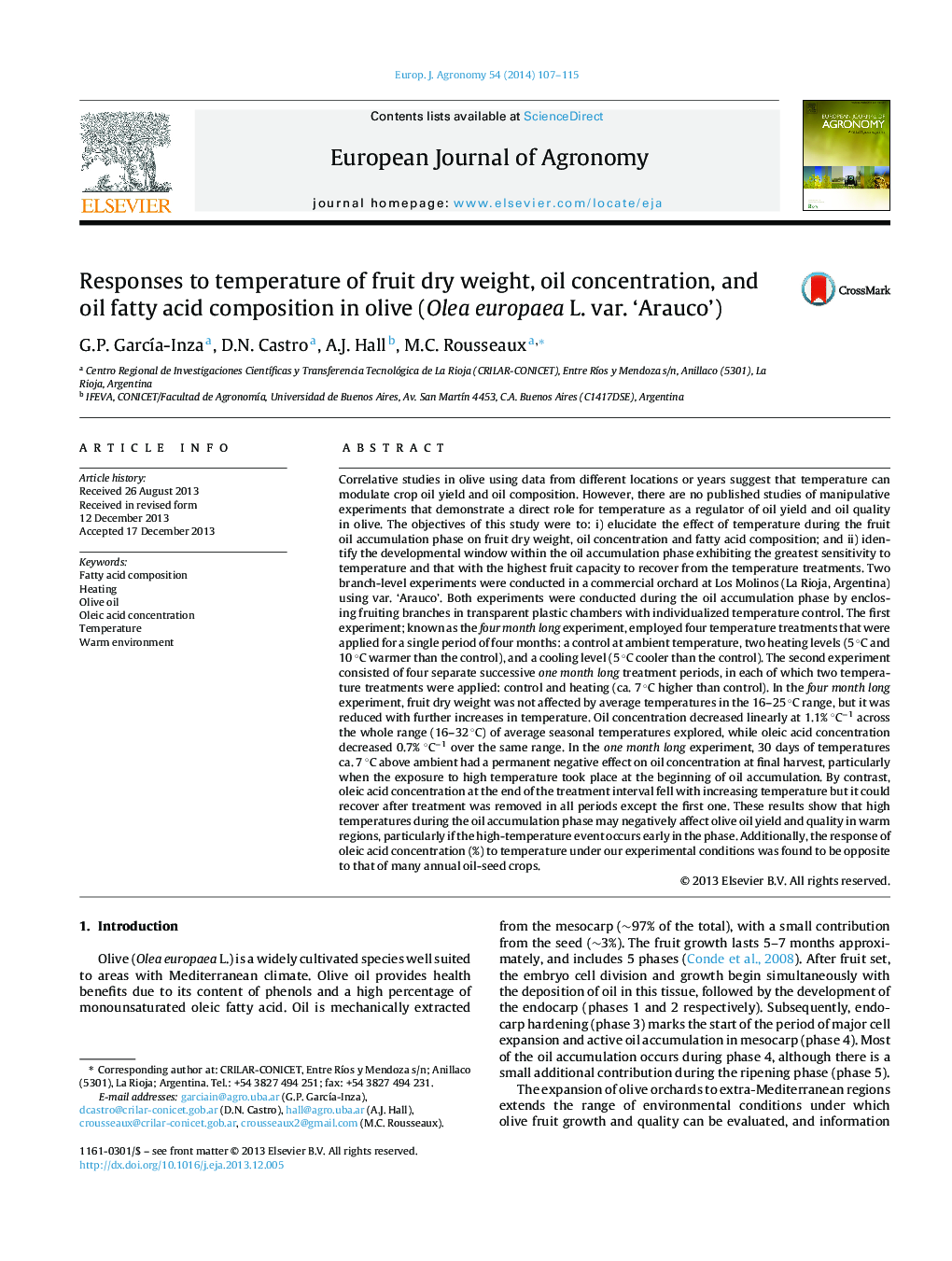 Responses to temperature of fruit dry weight, oil concentration, and oil fatty acid composition in olive (Olea europaea L. var. ‘Arauco’)