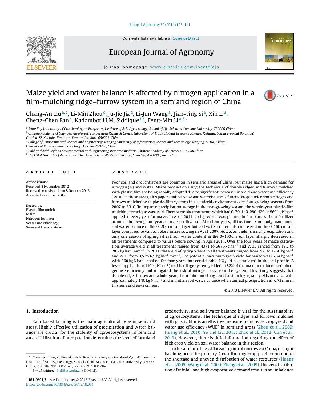 Maize yield and water balance is affected by nitrogen application in a film-mulching ridge–furrow system in a semiarid region of China