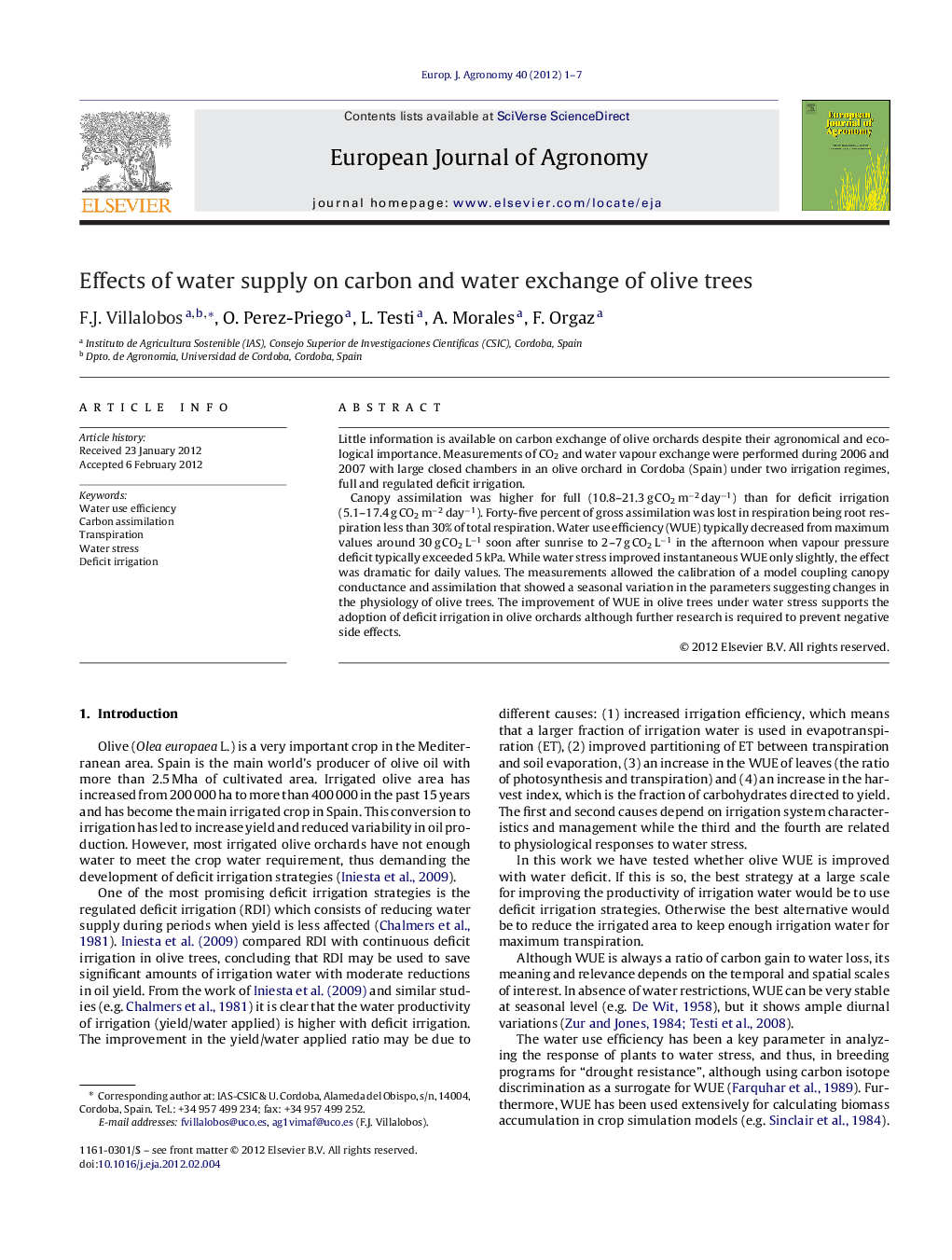 Effects of water supply on carbon and water exchange of olive trees