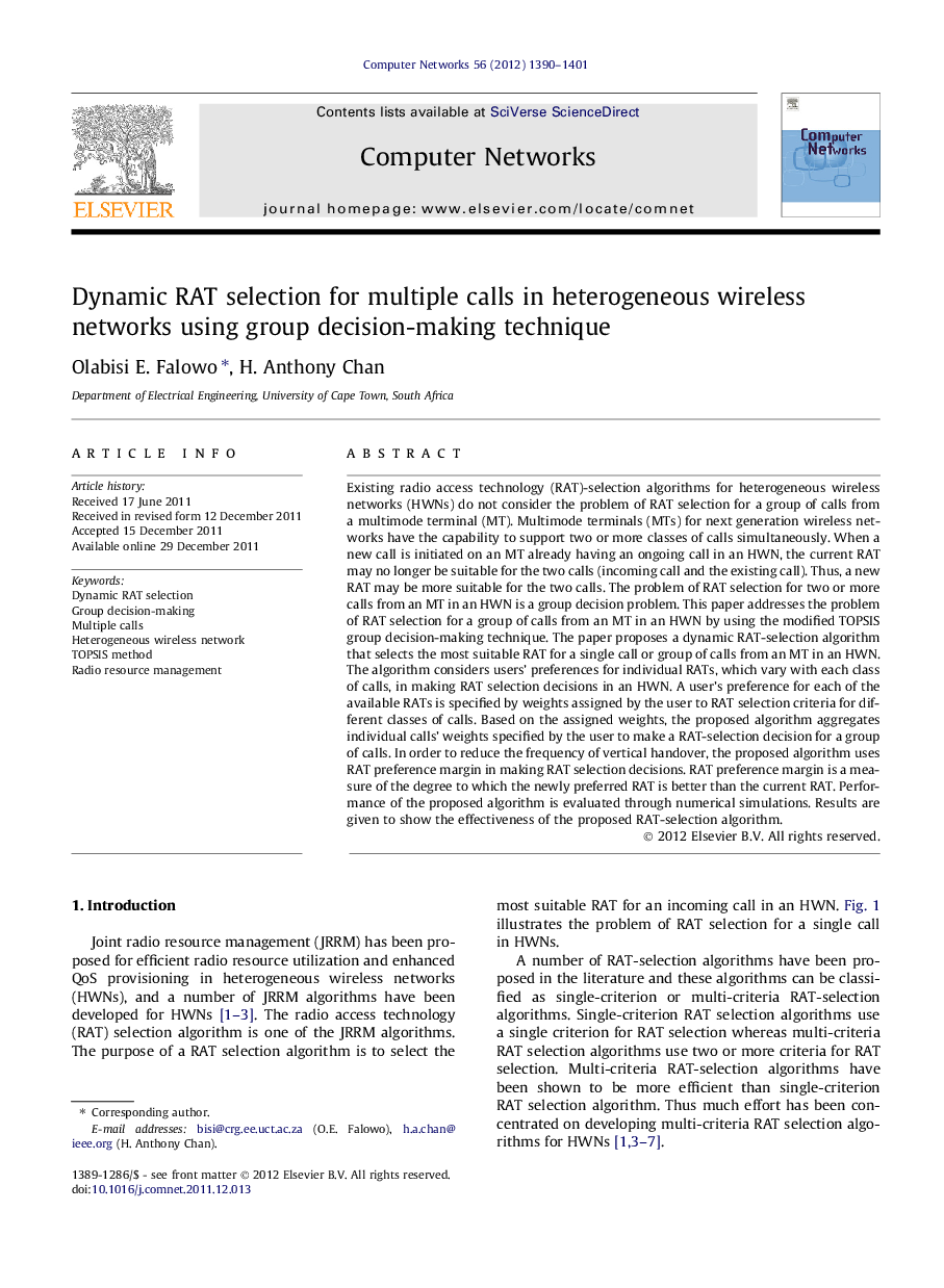 Dynamic RAT selection for multiple calls in heterogeneous wireless networks using group decision-making technique