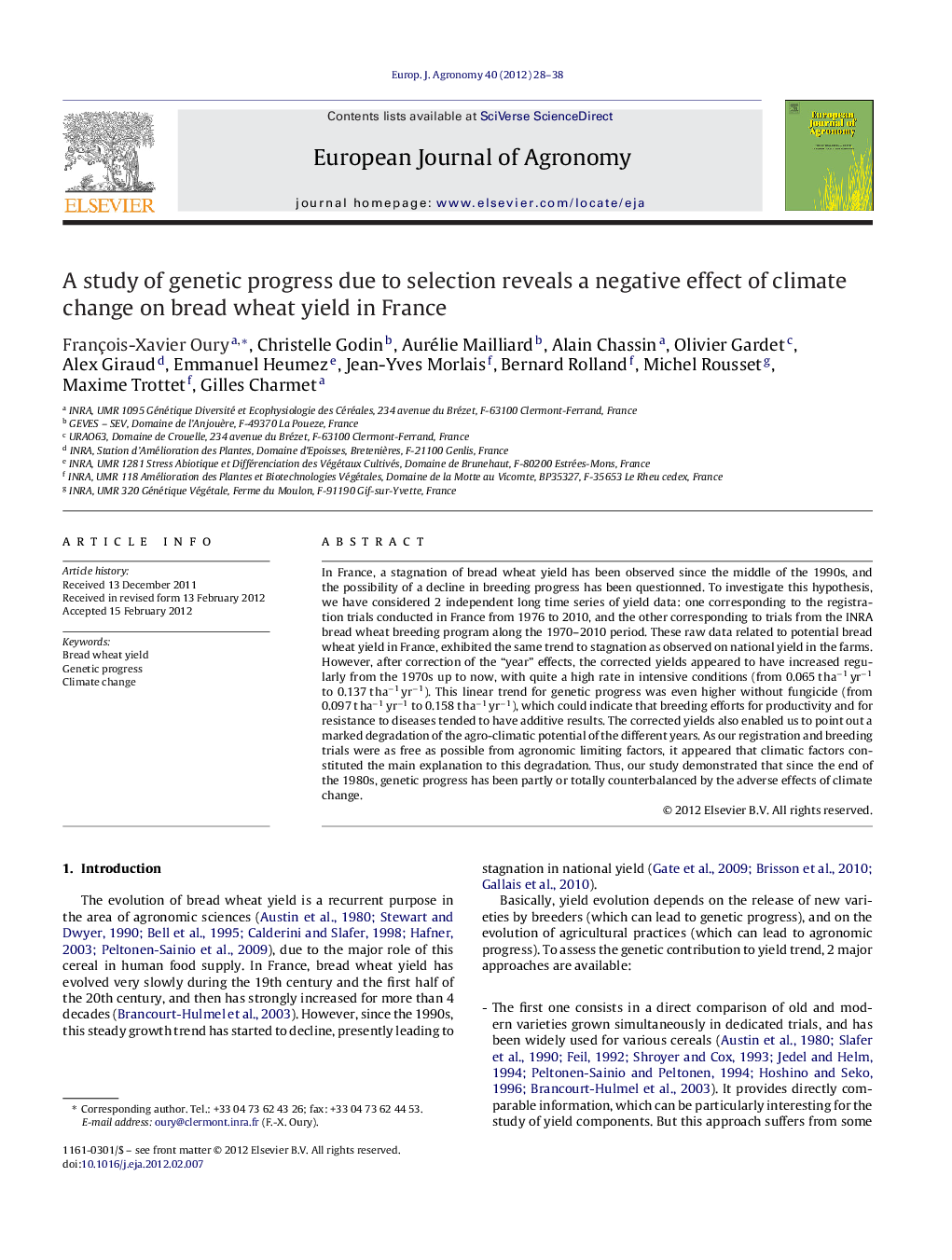 A study of genetic progress due to selection reveals a negative effect of climate change on bread wheat yield in France