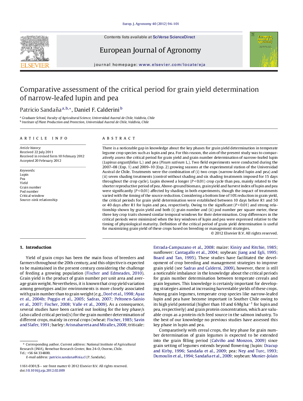 Comparative assessment of the critical period for grain yield determination of narrow-leafed lupin and pea