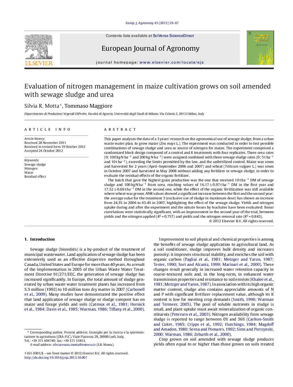 عکس صفحه اول مقاله: Evaluation of nitrogen management in maize cultivation grows on soil amended with sewage sludge and urea Evaluation of nitrogen management in maize cultivation grows on soil amended with sewage sludge and urea