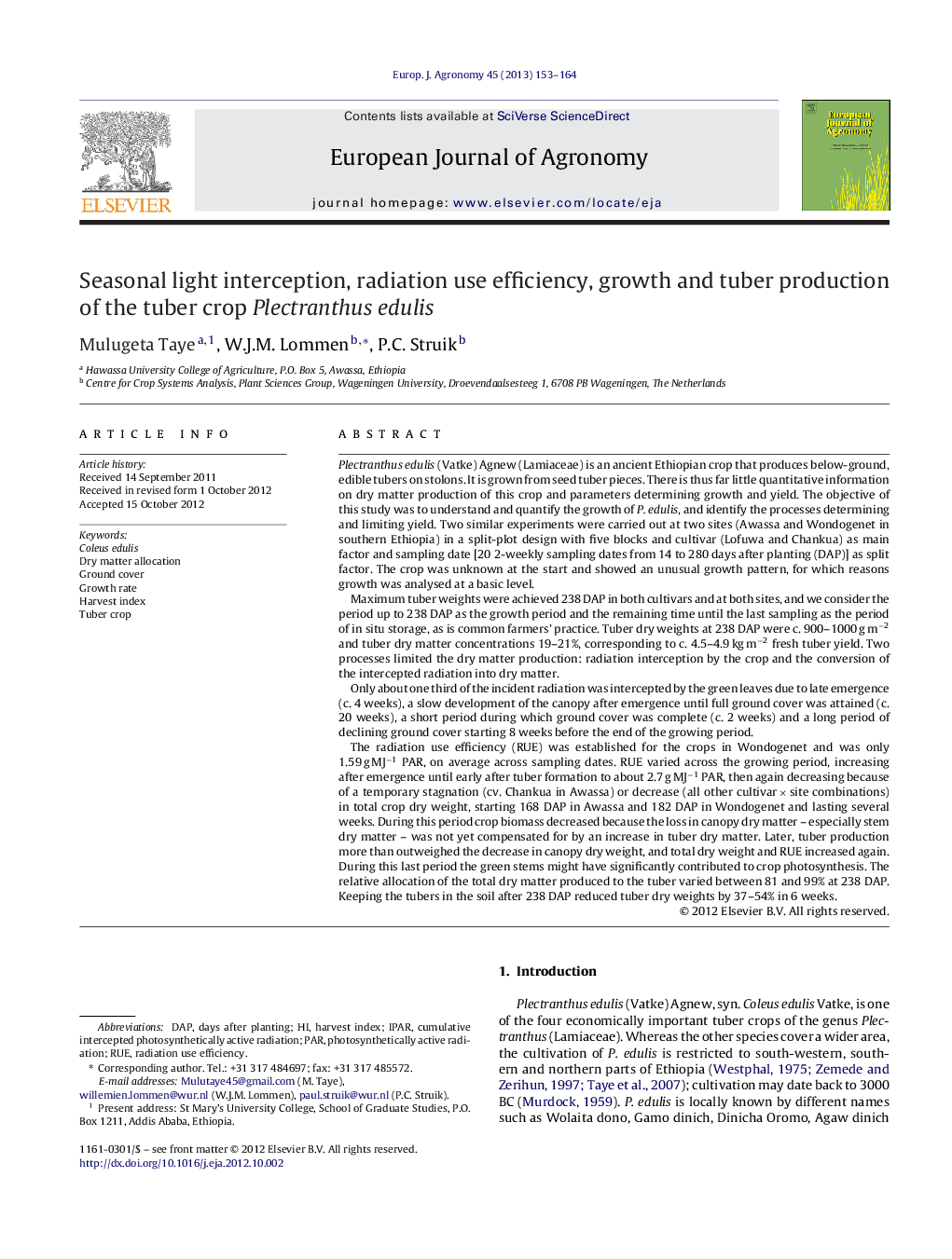 Seasonal light interception, radiation use efficiency, growth and tuber production of the tuber crop Plectranthus edulis