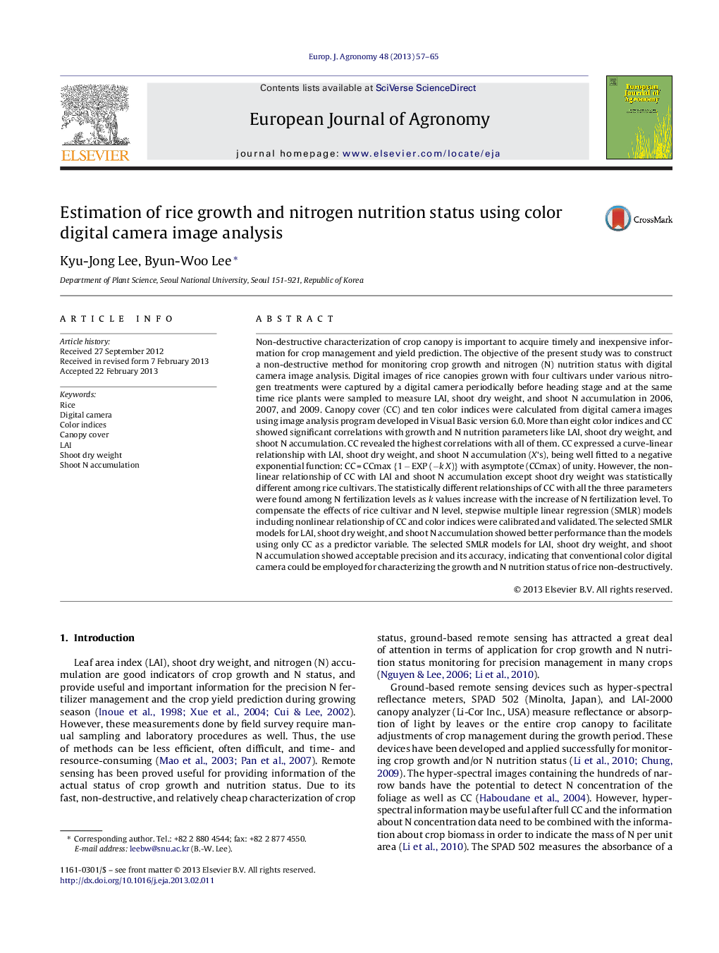 Estimation of rice growth and nitrogen nutrition status using color digital camera image analysis