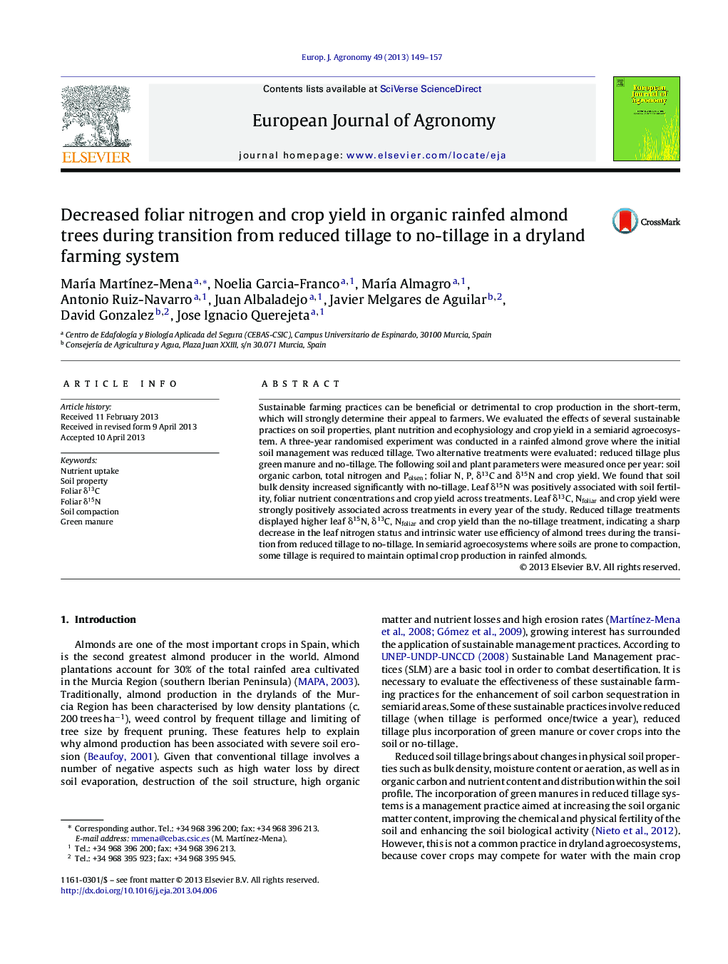 Decreased foliar nitrogen and crop yield in organic rainfed almond trees during transition from reduced tillage to no-tillage in a dryland farming system