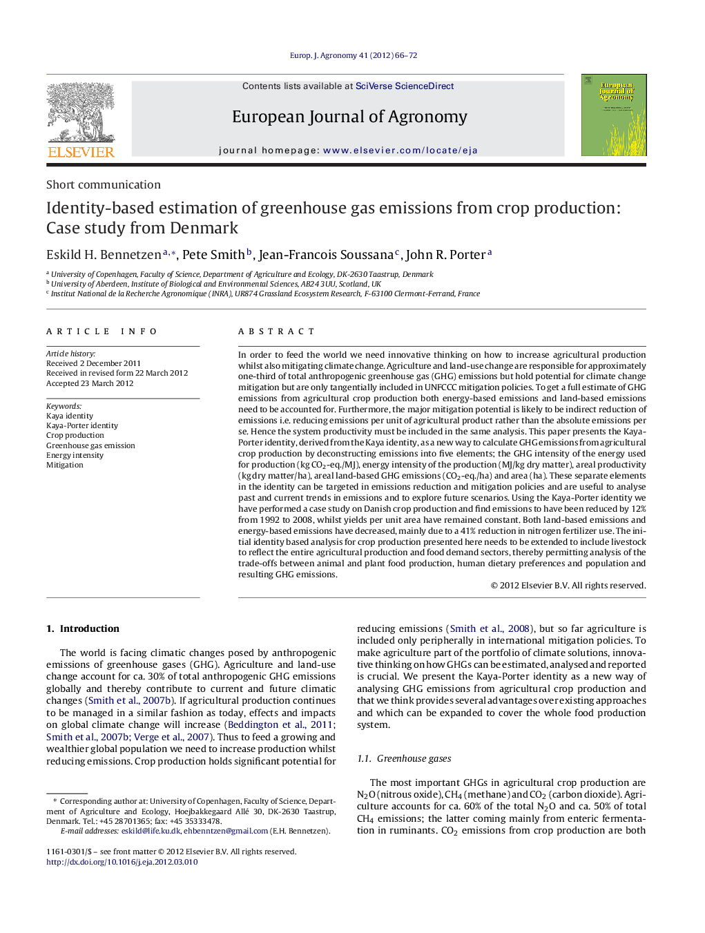 Identity-based estimation of greenhouse gas emissions from crop production: Case study from Denmark