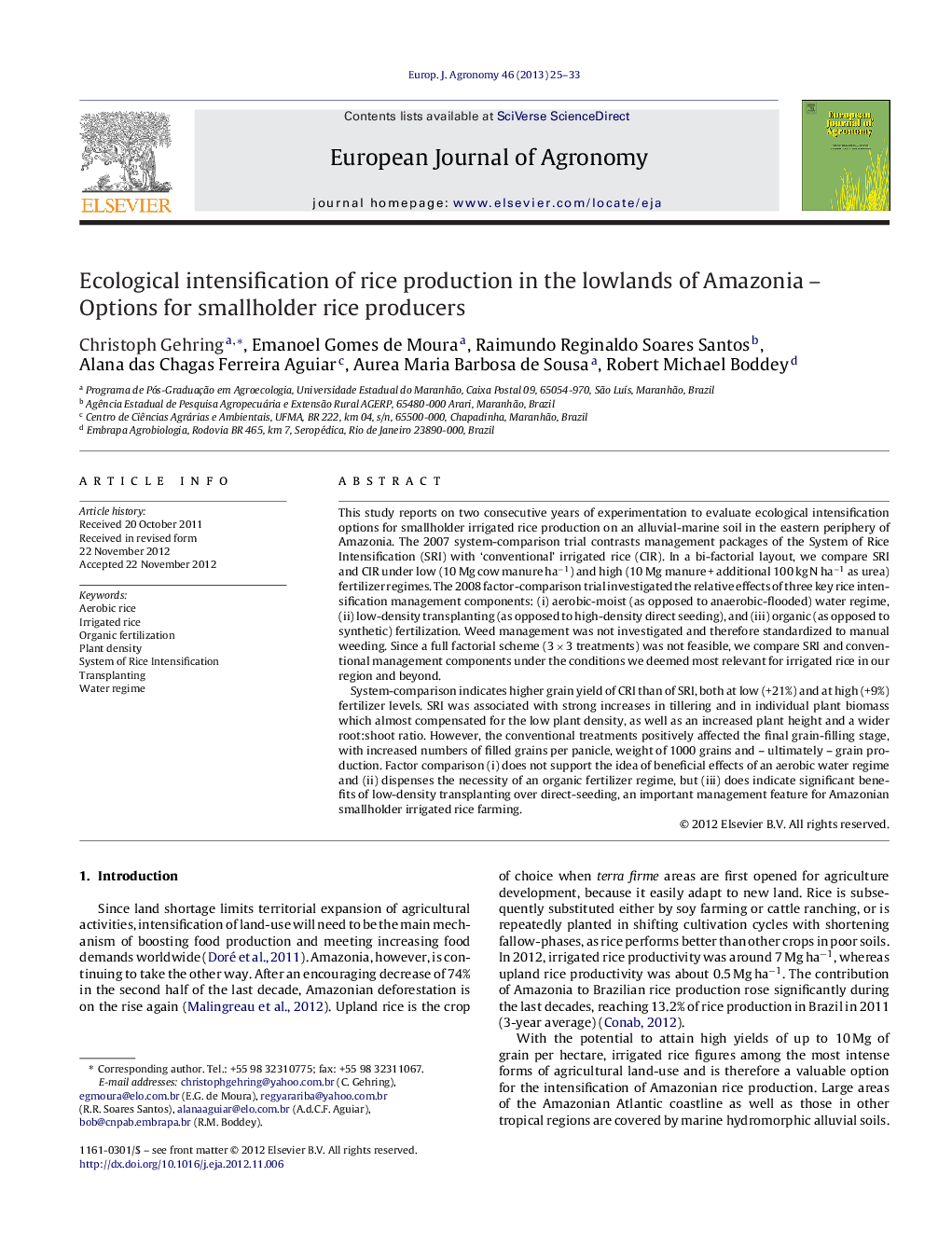 Ecological intensification of rice production in the lowlands of Amazonia – Options for smallholder rice producers