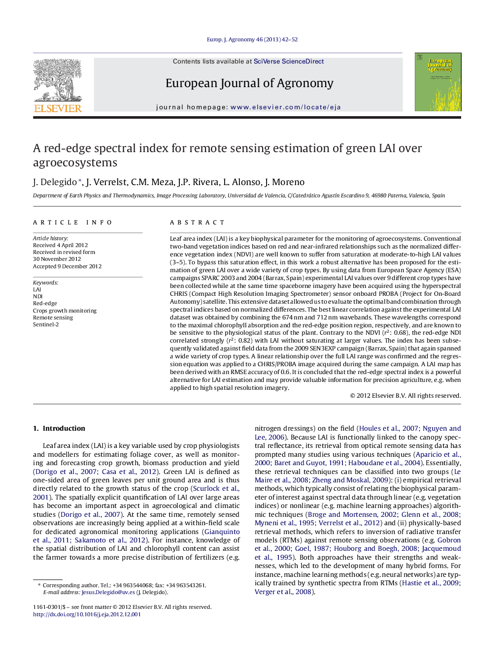 A red-edge spectral index for remote sensing estimation of green LAI over agroecosystems