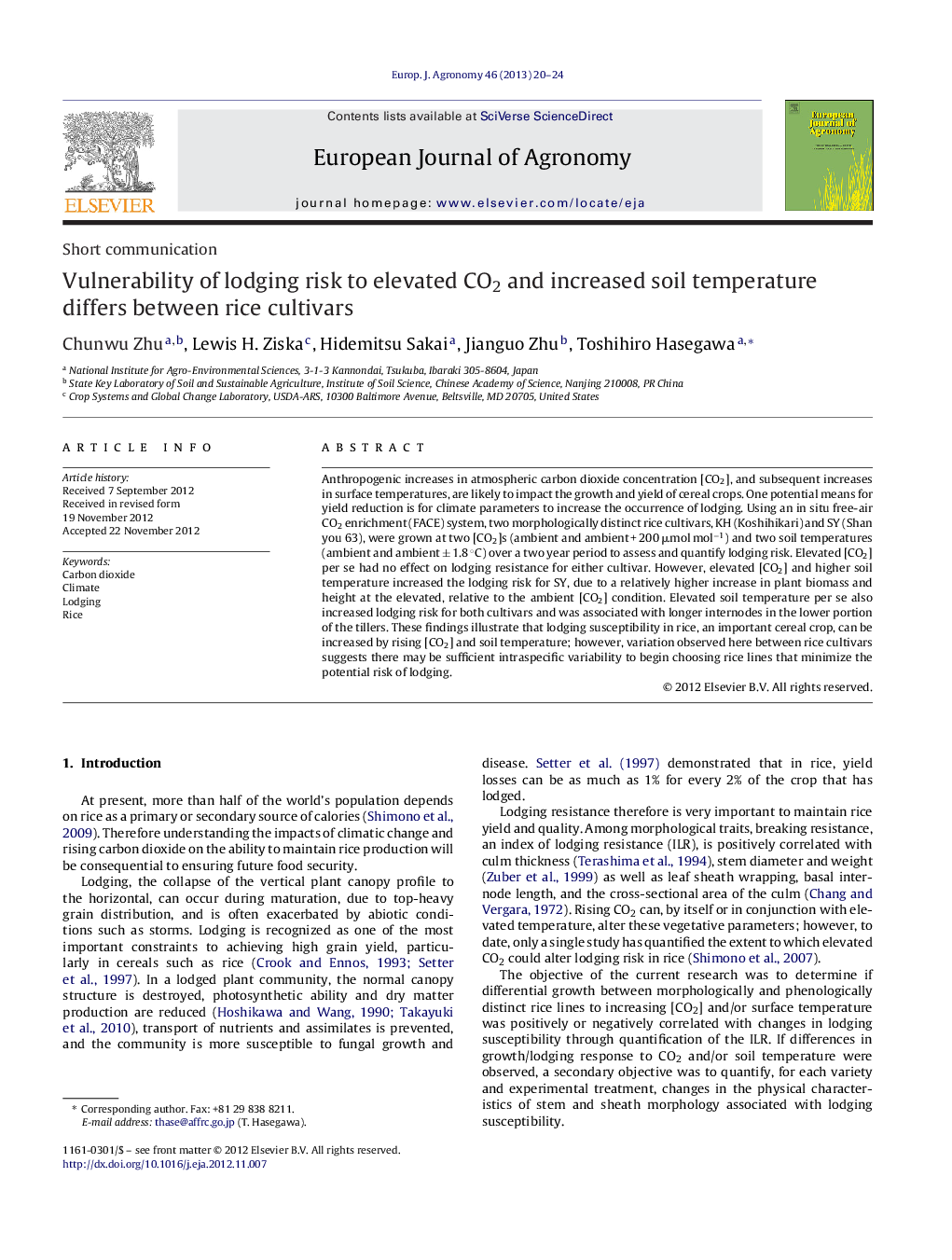 Vulnerability of lodging risk to elevated CO2 and increased soil temperature differs between rice cultivars