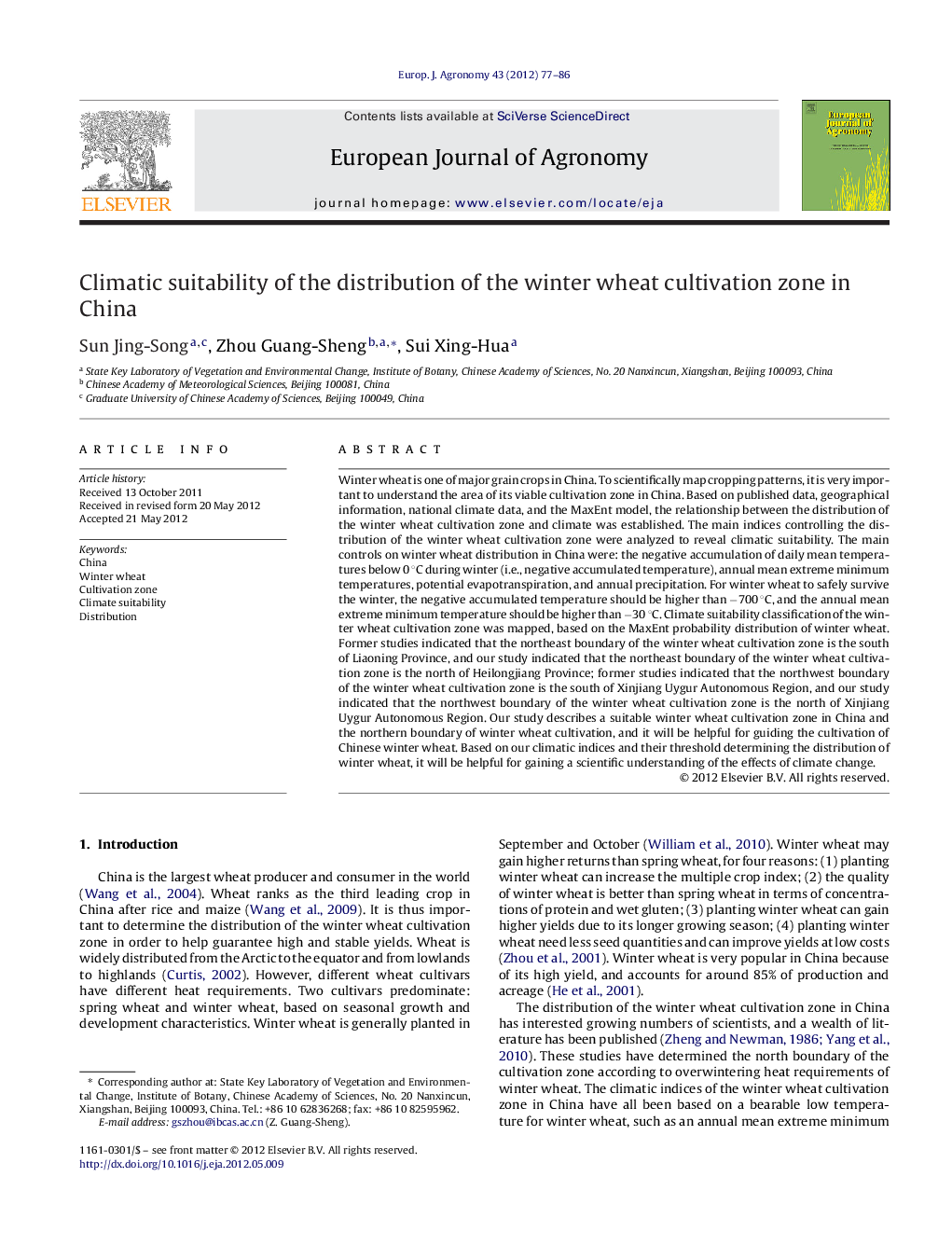 Climatic suitability of the distribution of the winter wheat cultivation zone in China