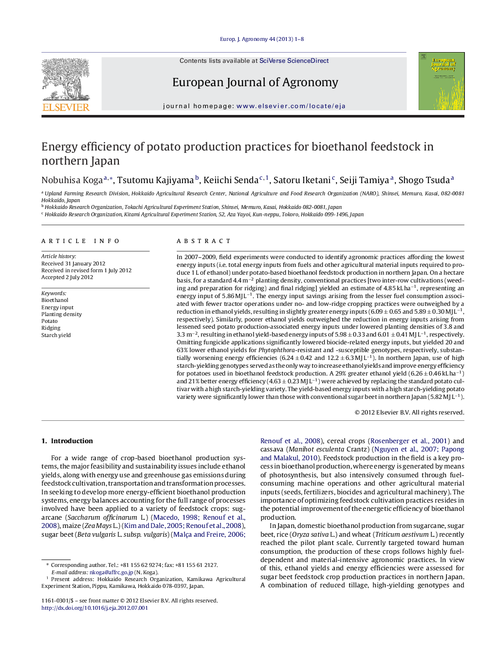 Energy efficiency of potato production practices for bioethanol feedstock in northern Japan