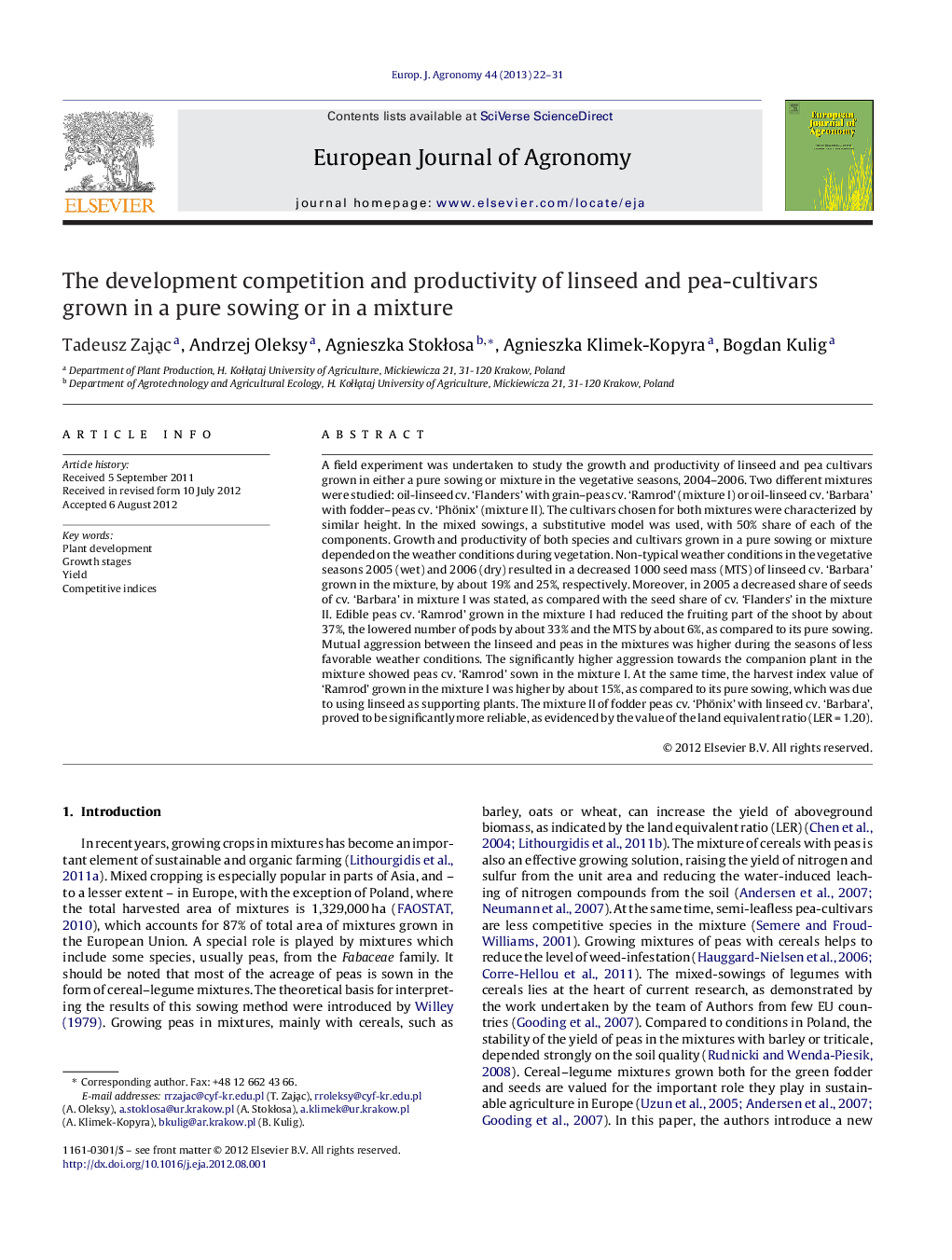 The development competition and productivity of linseed and pea-cultivars grown in a pure sowing or in a mixture