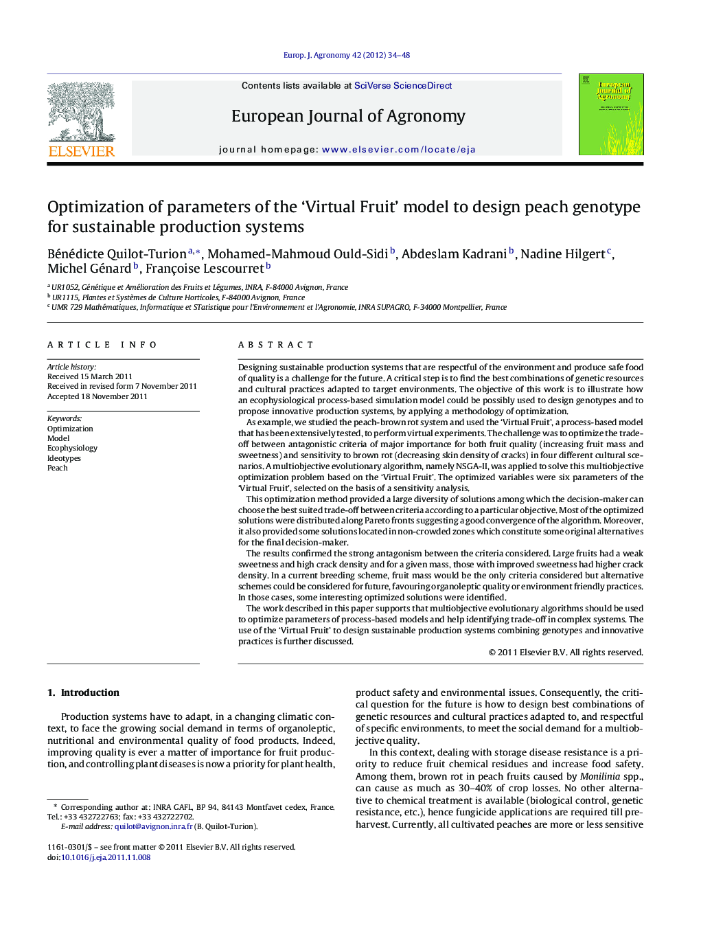 Optimization of parameters of the ‘Virtual Fruit’ model to design peach genotype for sustainable production systems