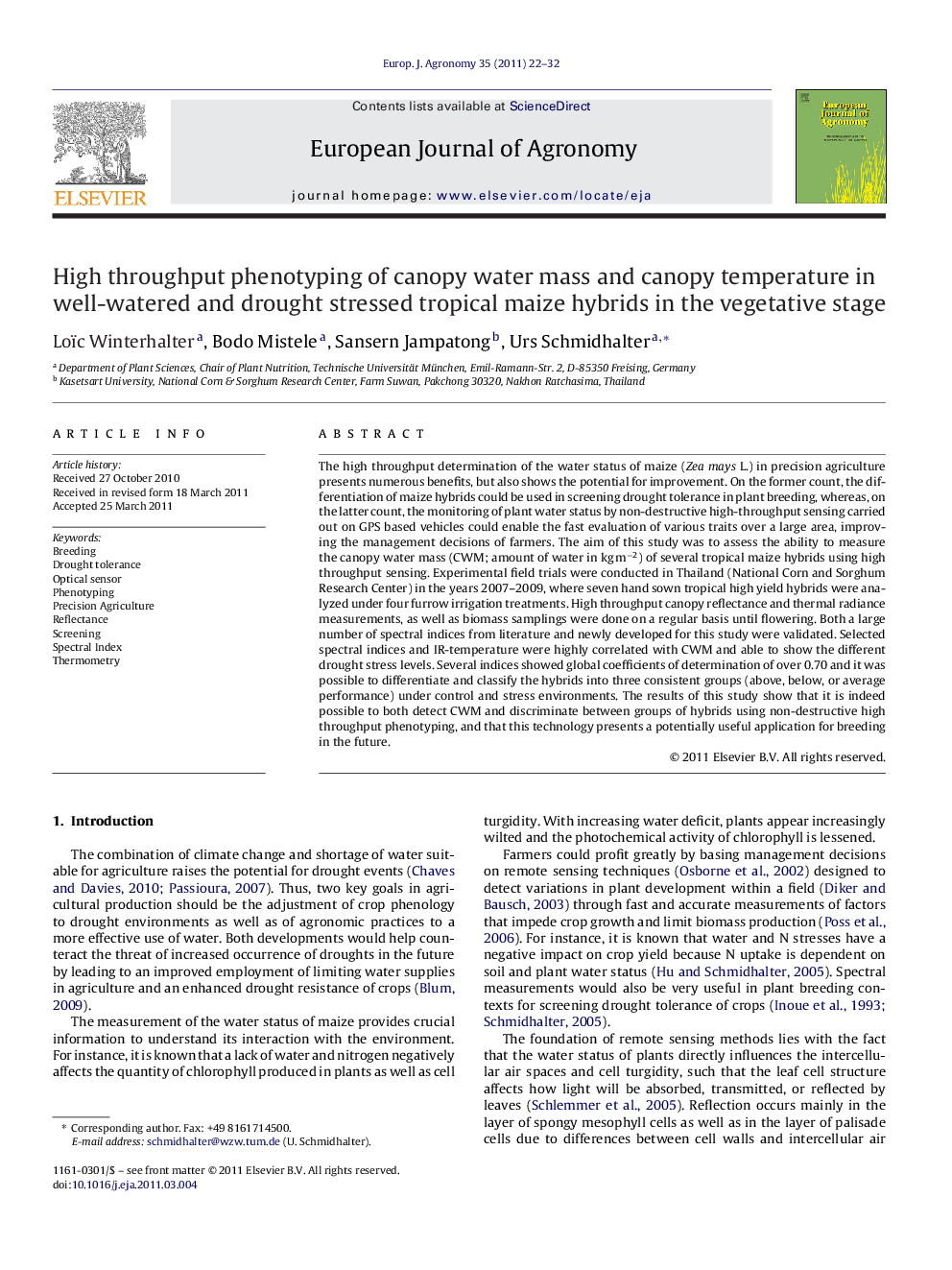 High throughput phenotyping of canopy water mass and canopy temperature in well-watered and drought stressed tropical maize hybrids in the vegetative stage