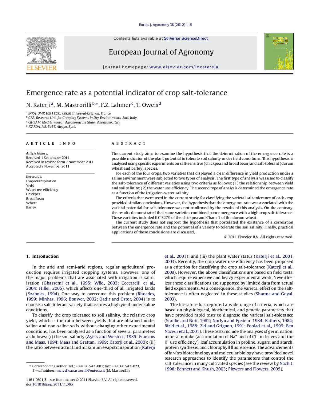 Emergence rate as a potential indicator of crop salt-tolerance