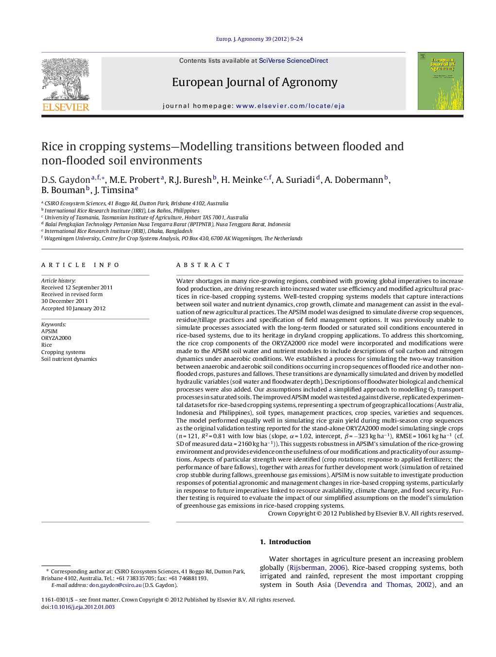 عکس صفحه اول مقاله: Rice in cropping systems—Modelling transitions between flooded and non-flooded soil environments Rice in cropping systems—Modelling transitions between flooded and non-flooded soil environments