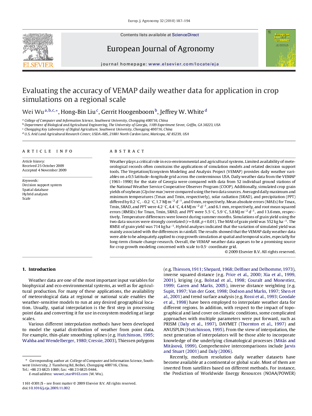 Evaluating the accuracy of VEMAP daily weather data for application in crop simulations on a regional scale