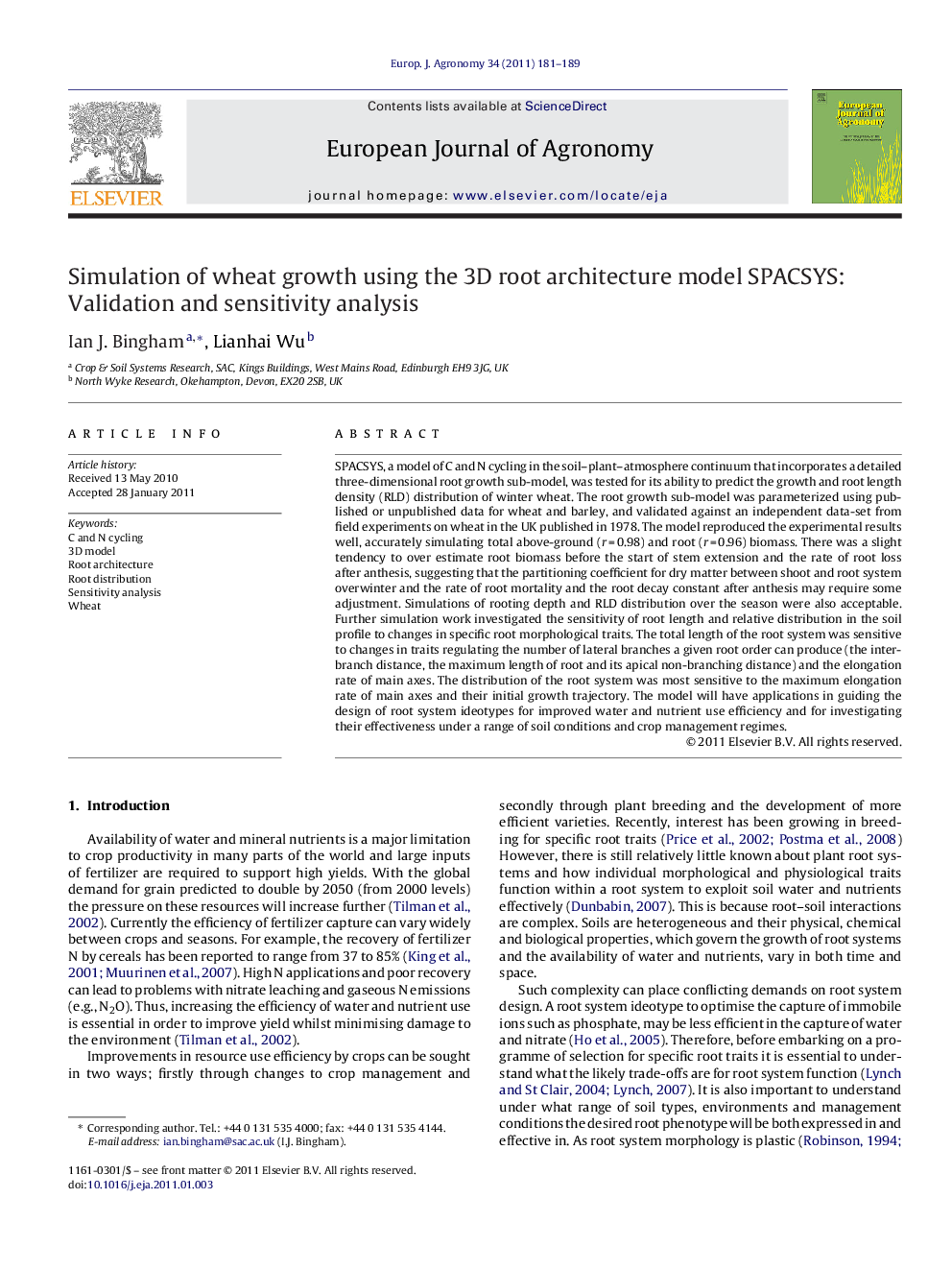 Simulation of wheat growth using the 3D root architecture model SPACSYS: Validation and sensitivity analysis