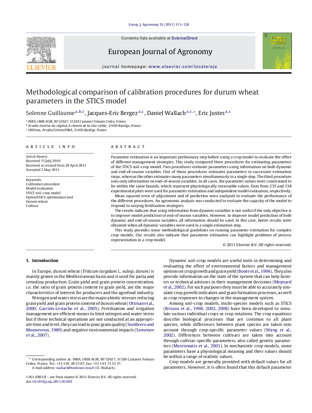Methodological comparison of calibration procedures for durum wheat parameters in the STICS model