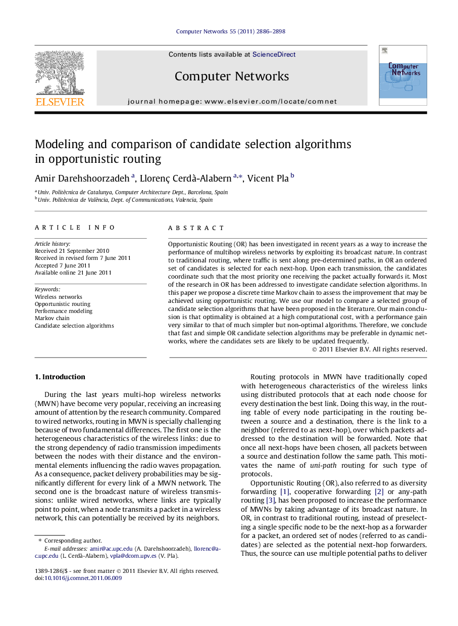 Modeling and comparison of candidate selection algorithms in opportunistic routing