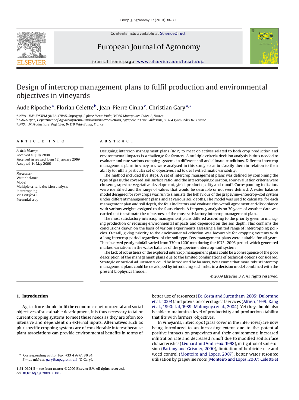 Design of intercrop management plans to fulfil production and environmental objectives in vineyards